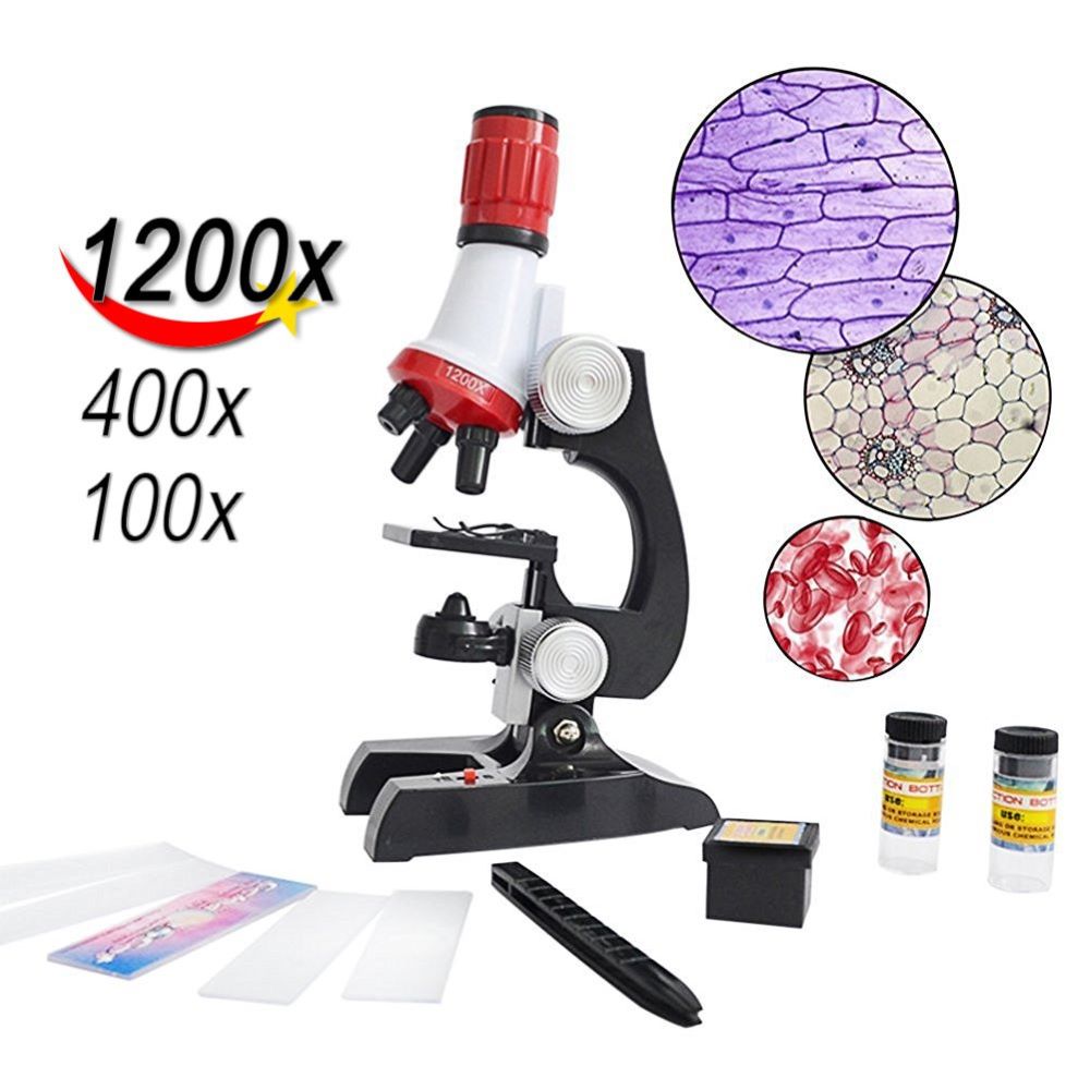 Microscope Kit Science Experiment Supplies LED 100 x 400x and 1200x Magnification for Boys Girls Students 