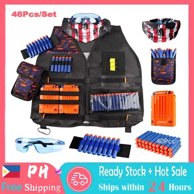 46Pcs Kids Tactical Vest Kit for Nerf Guns Series with Refill Darts,Dart Pouch, Reload Clips, Tactical Mask, Wrist Band and Protective Glasses