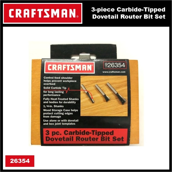 Craftsman 3piece CarbideTipped Dovetail Router Bit Set 26354