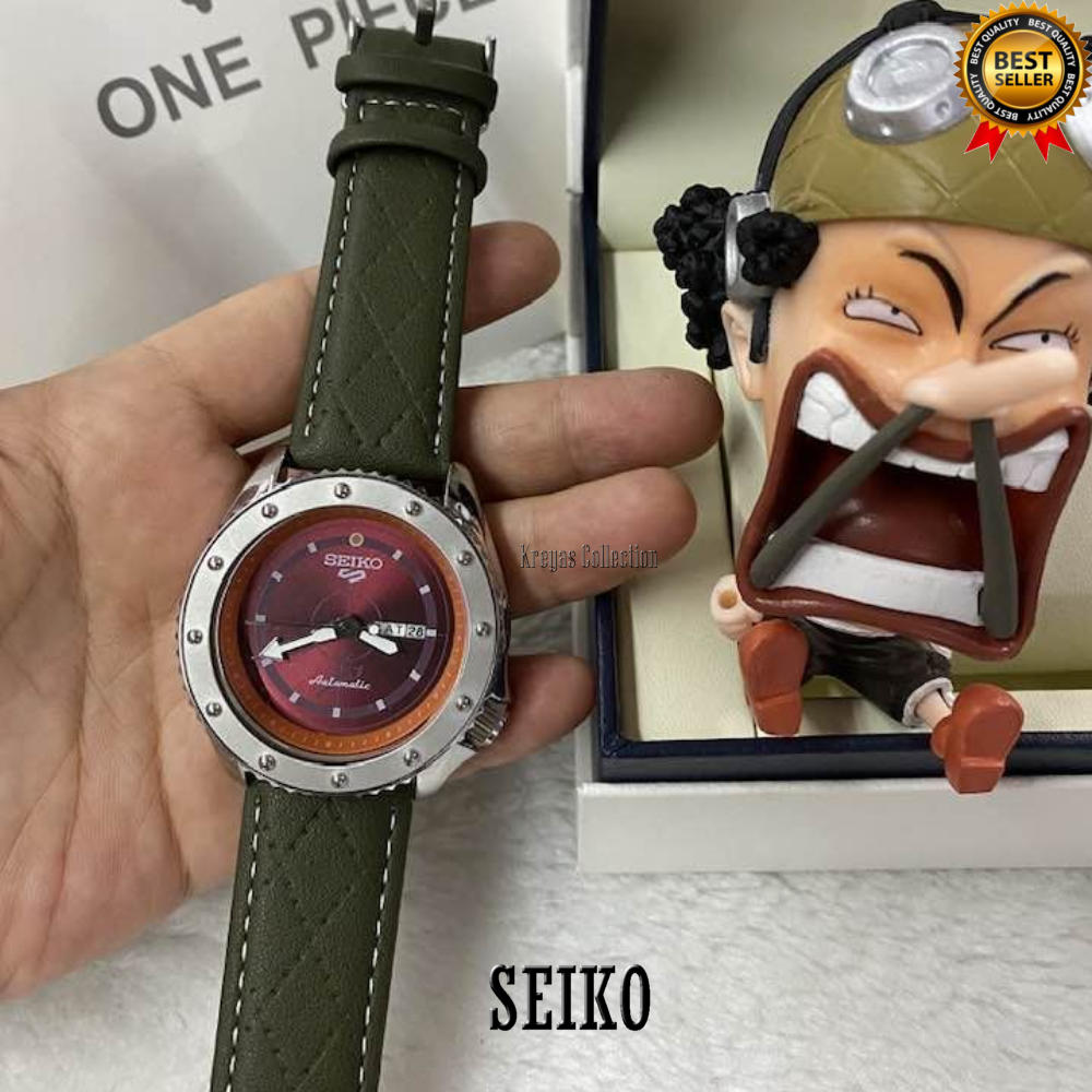 Seiko 5 Sports SRPF Day & Date One Piece LE USOPP Red Dial Green Leather  Strap Watch For Men | Lazada PH