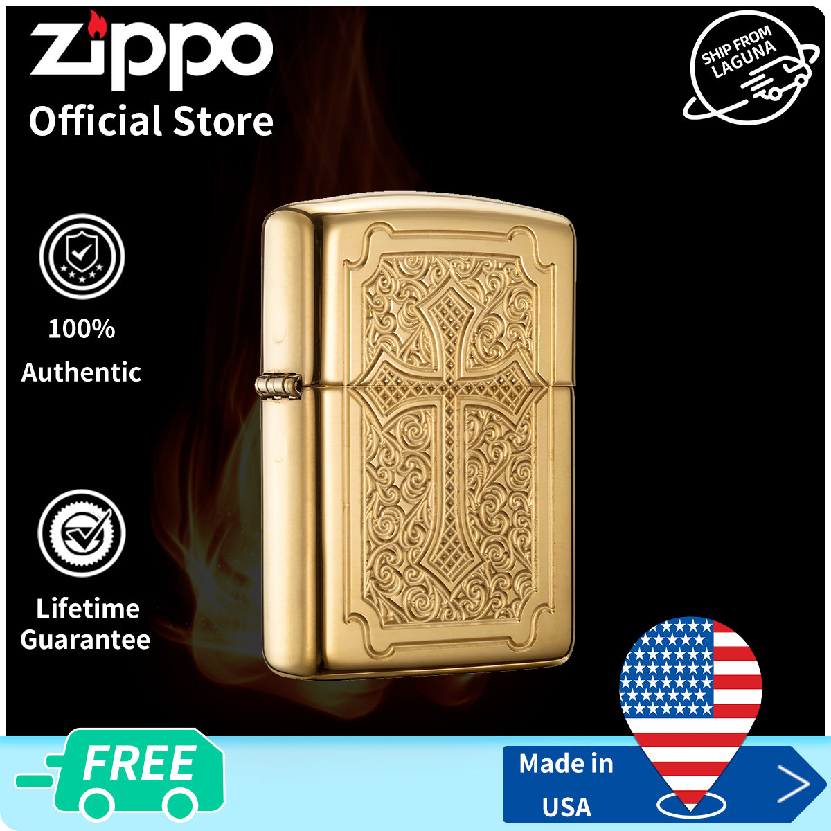 Zippo Deep Carved Cross High Polish Brass Windproof Pocket Lighter