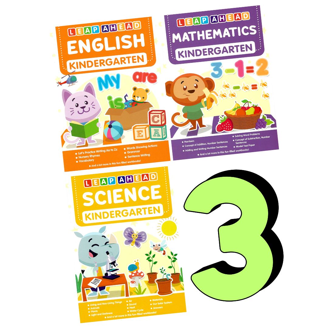Leap Ahead Kindergarten Set of 3 books (English, Math & Science) brand new softcover, NO BOX