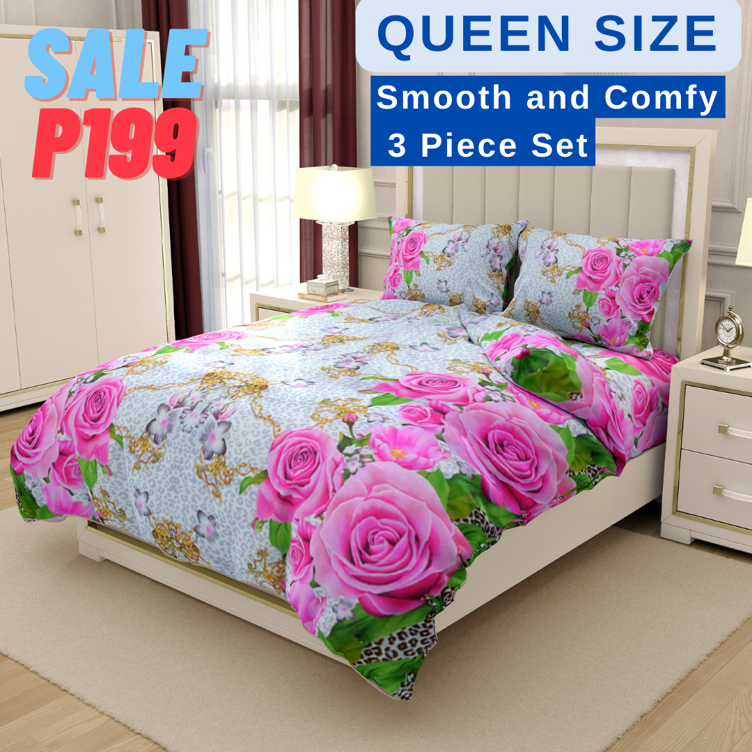 Queen Size 3in1 Bed Sheet Set Elegant Pink Flower Design with 4 Corner