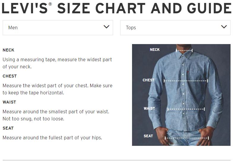 levis size chart men's t shirt