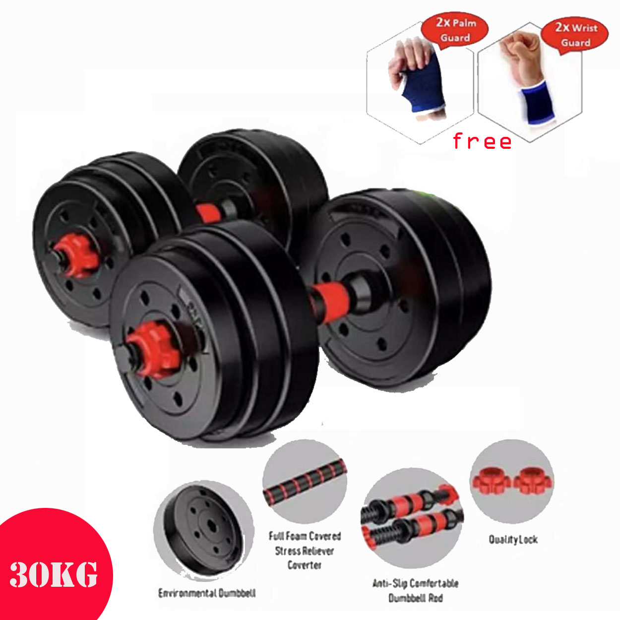 (Red) 30Kg 2in1 Dumbbell Set Adjustable Weight Lifting Barbell Plates