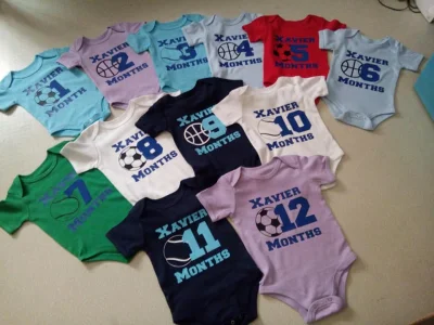 Baby Monthly Milestone Customized Onesies 12pcs or RETAIL plus FREE PRINT of BABY NAME Onesies for baby boy set or retail ball Ddesign