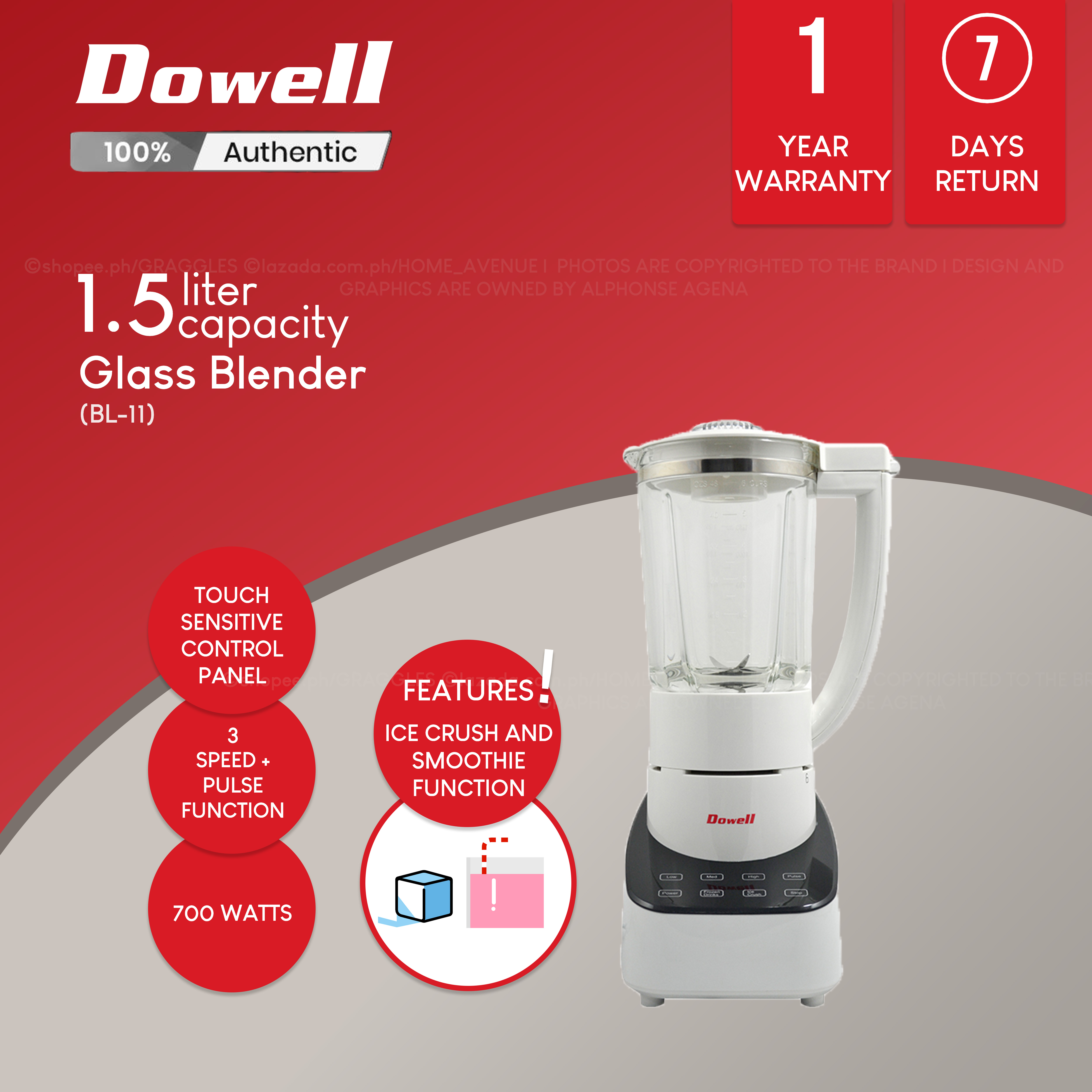 Dowell 1.5L Touch Sensitive Control Blender with Frozen, Smoothie, and