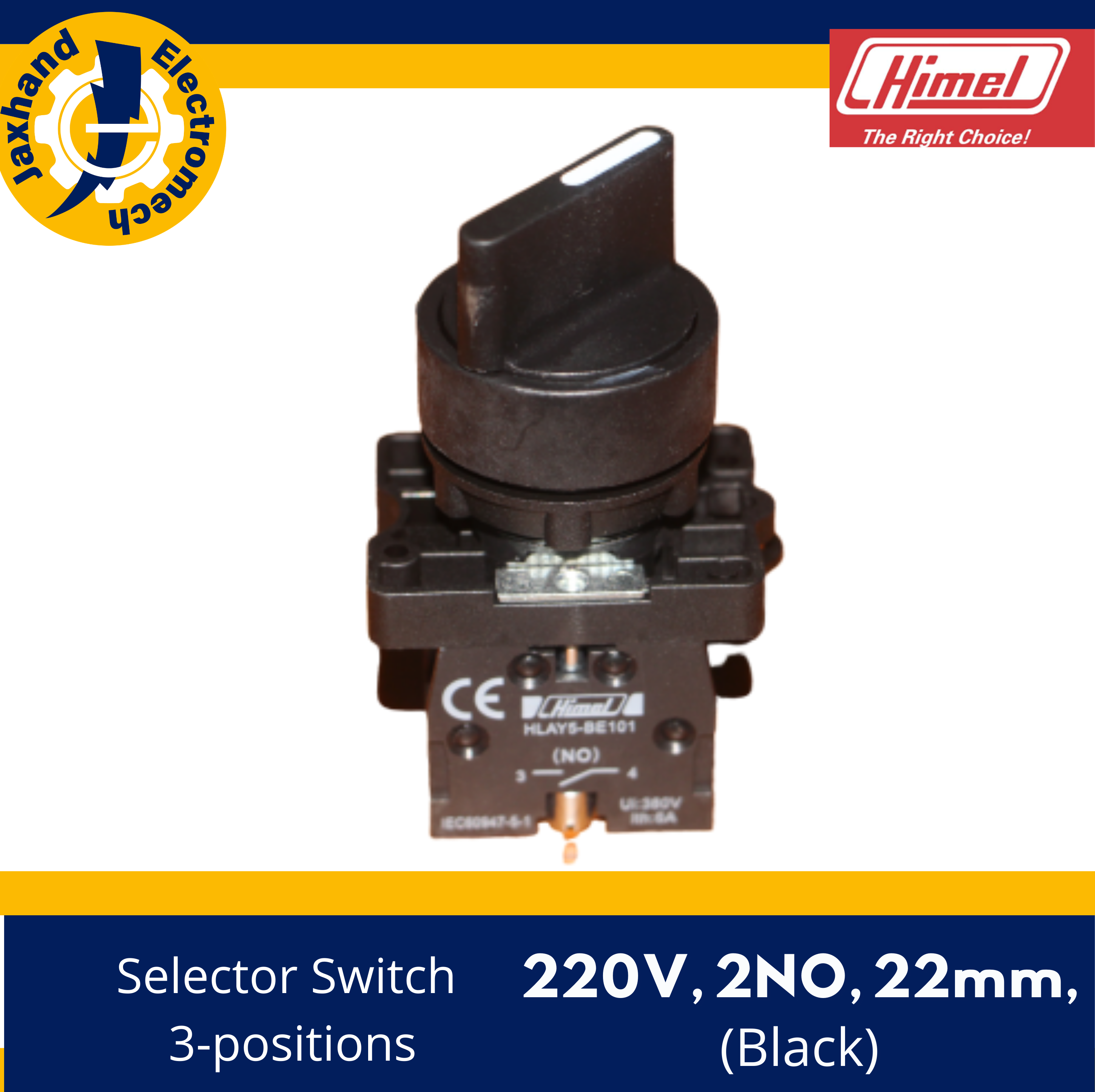 Selector Switch 3positions, 220V, 2NO, 22mm, Black, Himel Brand