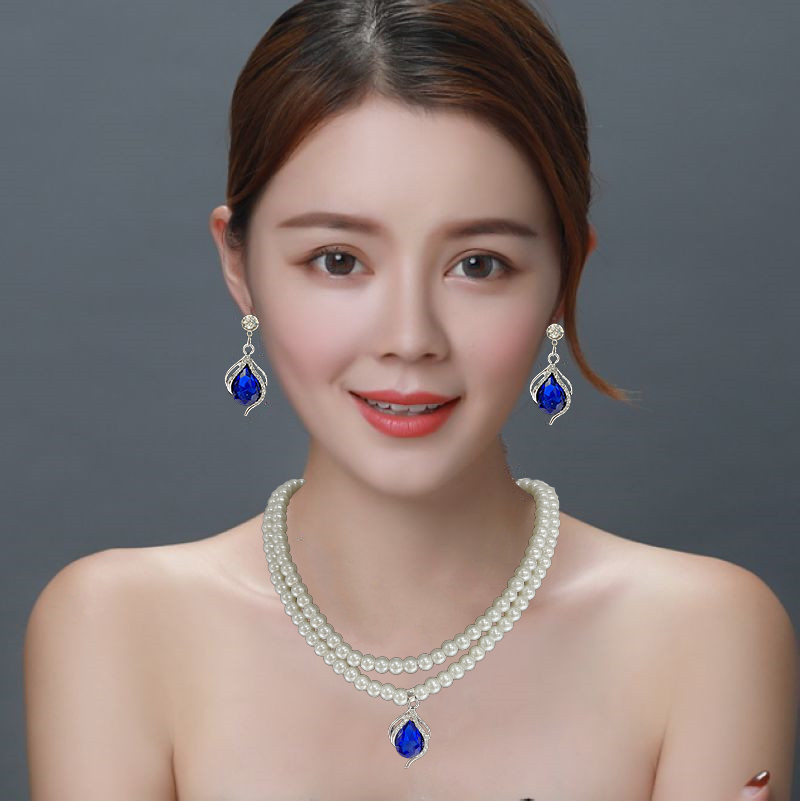 Pearl Diamond Necklace Earrings Sets For Women Sappire Pearl Jewelry Set  Wedding Party Costume Fashion Accessories