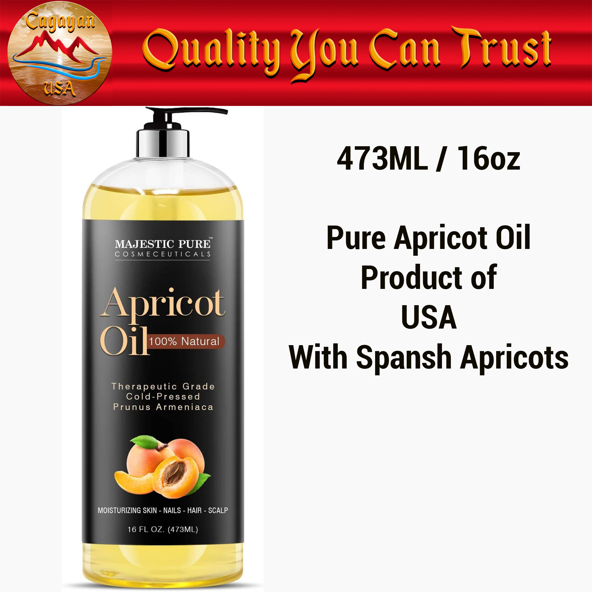 Majestic Pure Apricot Oil, 100% Pure and Natural, Cold-Pressed, 16 fl oz 