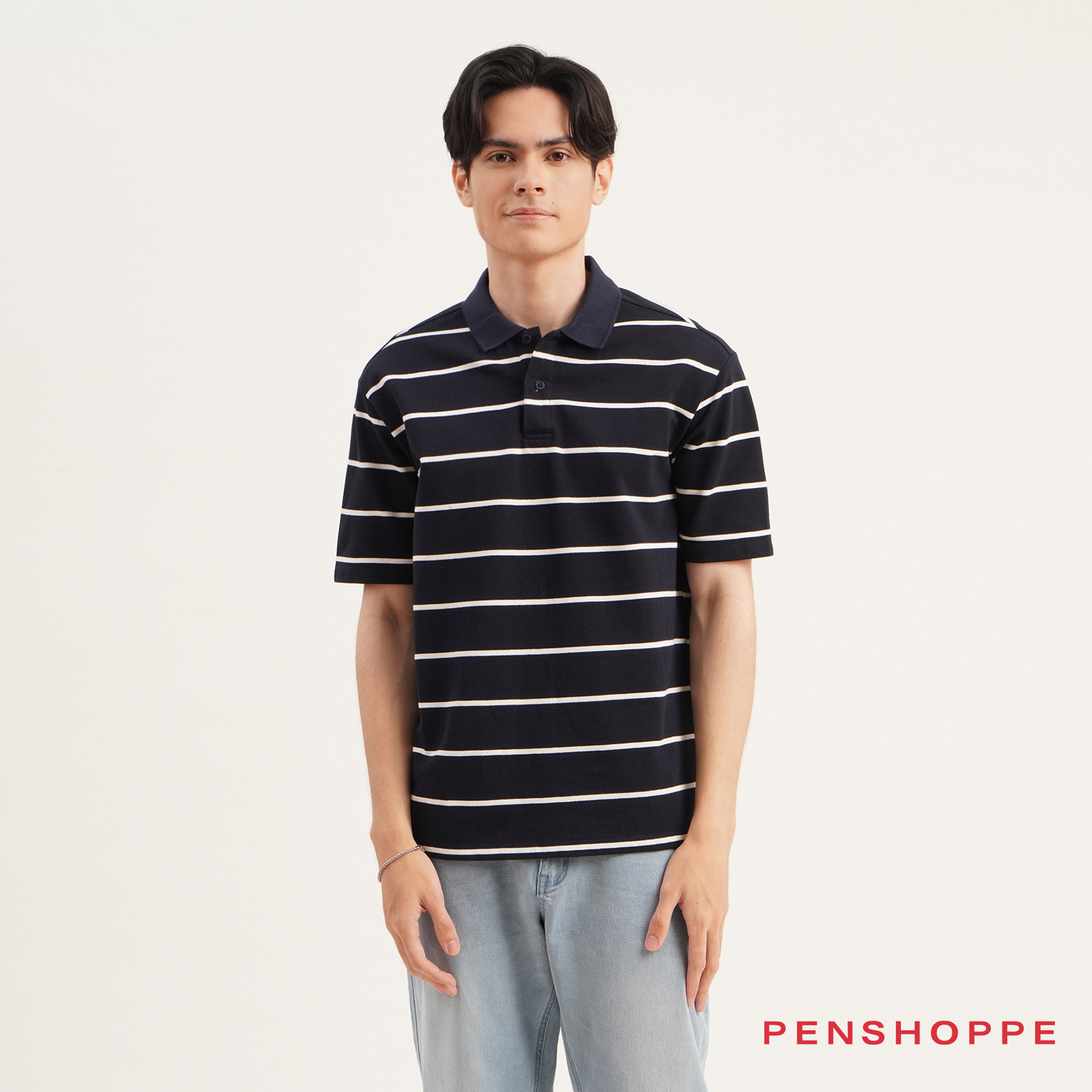 Penshoppe Relaxed Fit Striped Polo For Men (Navy Blue/Oatmilk - Main Image