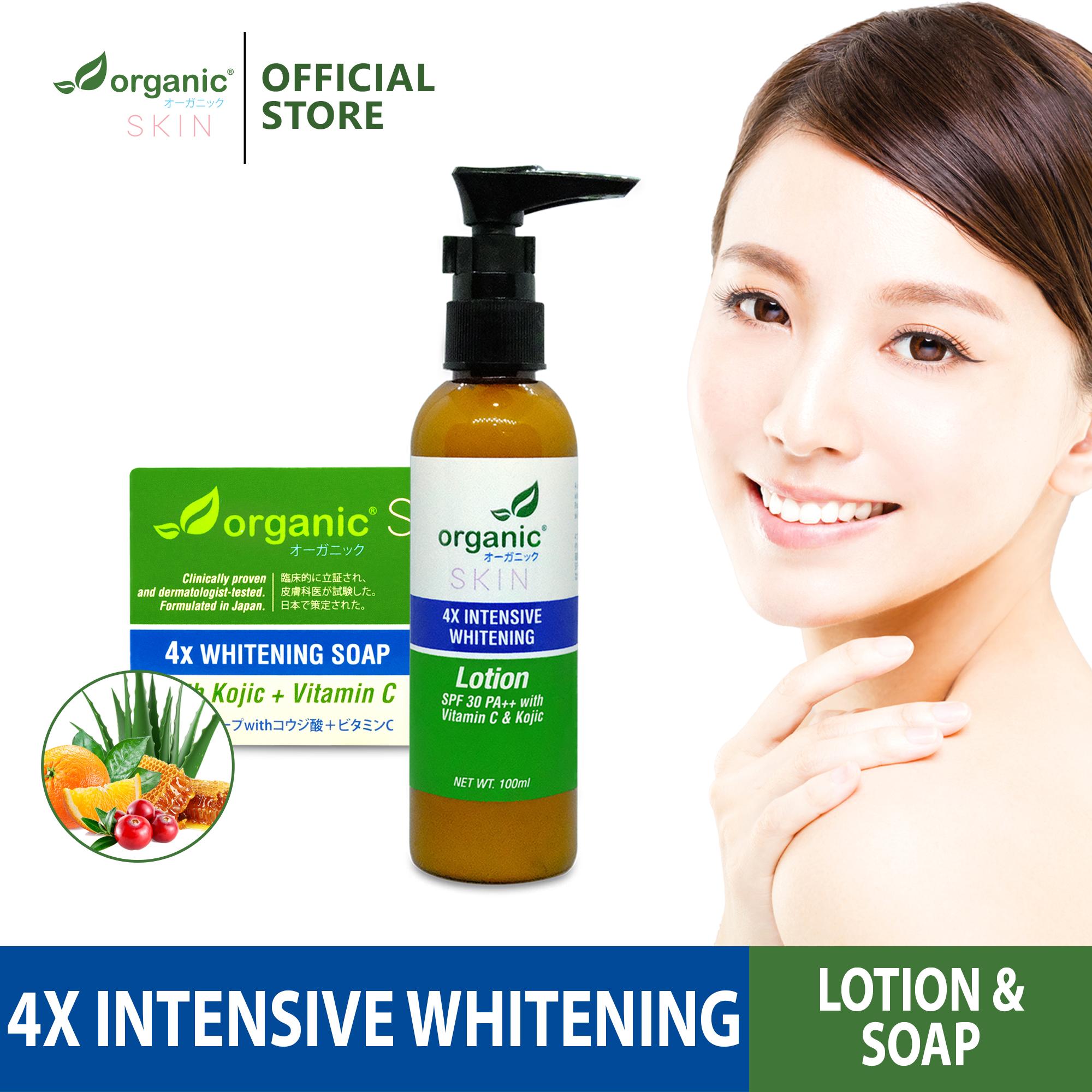 Organic Skin Japan 4x Intensive Whitening Soap and Body Lotion with SPF 30 Bundle (soap:65g, Body Lotion:100ml) antiacne soaps aloe vera vitaminc vitamin c shea butter korean japan skincare skin care set organicskin kojic