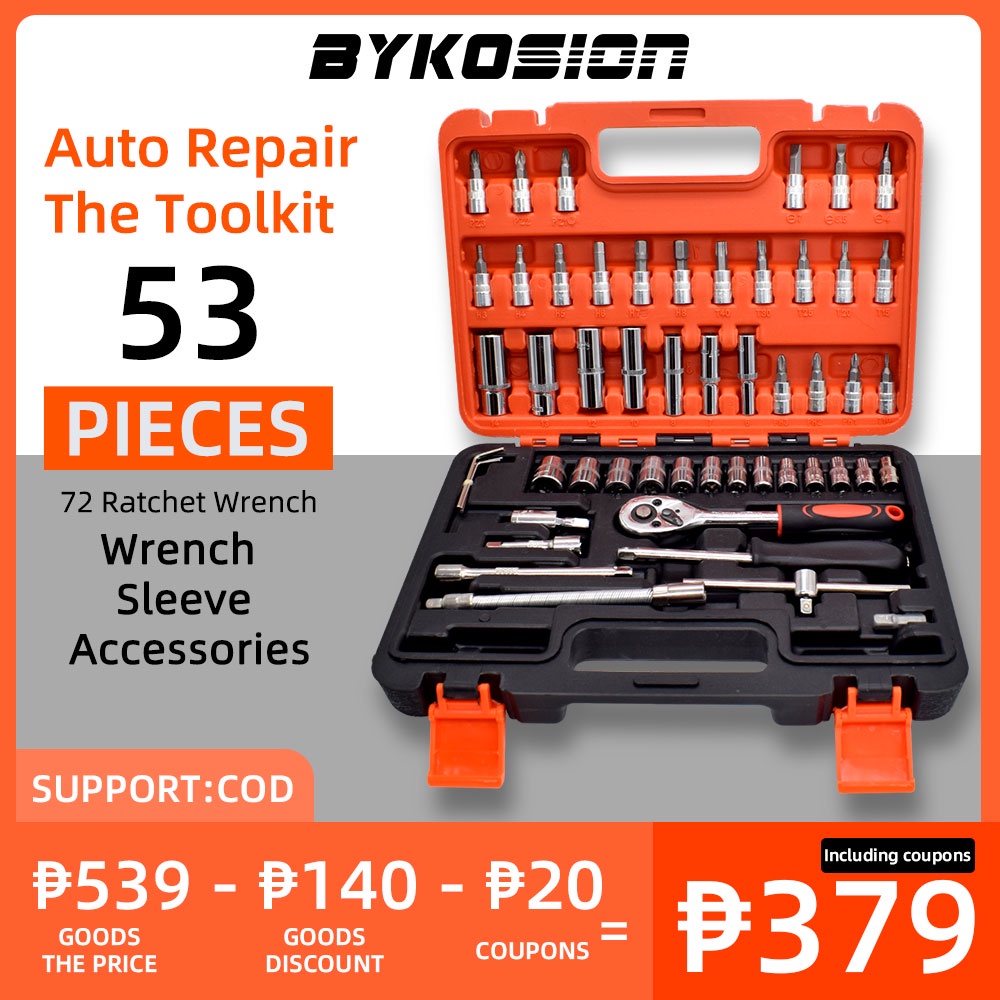 BYKOSION 53 Pcs Car And Motorcycle Tool Box 72 Tooth Ratchet Wrench