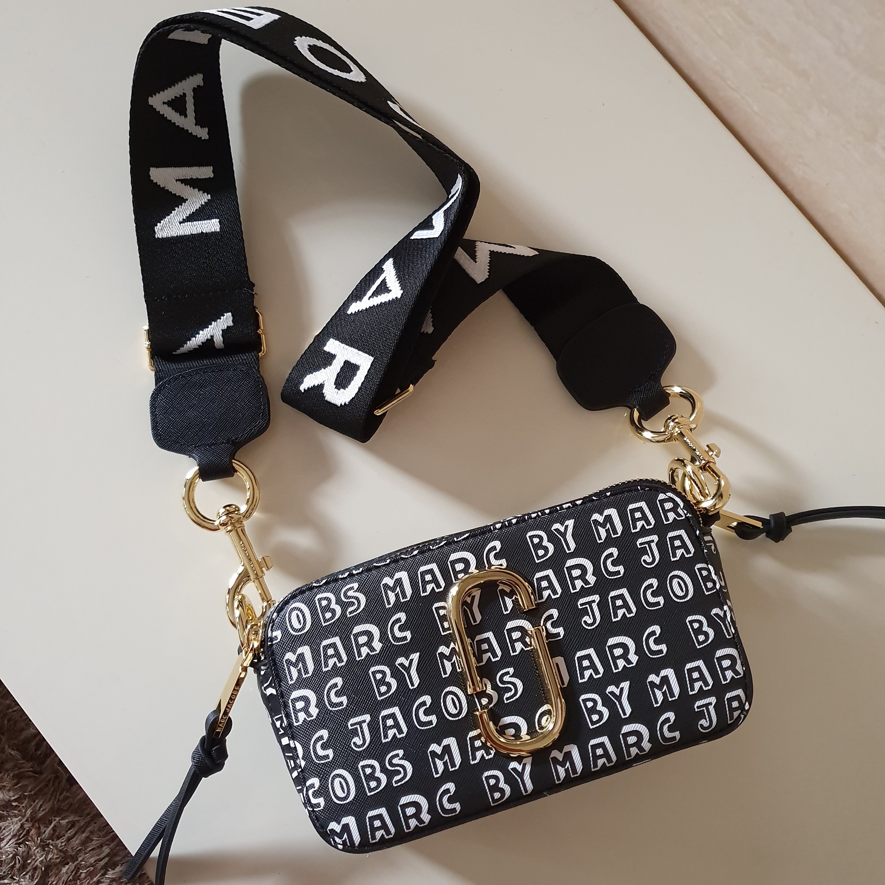 M.J. Crossbody Camera Bag - Black MJ Printed Design Small Snapshot Bag with  Artwork Strap