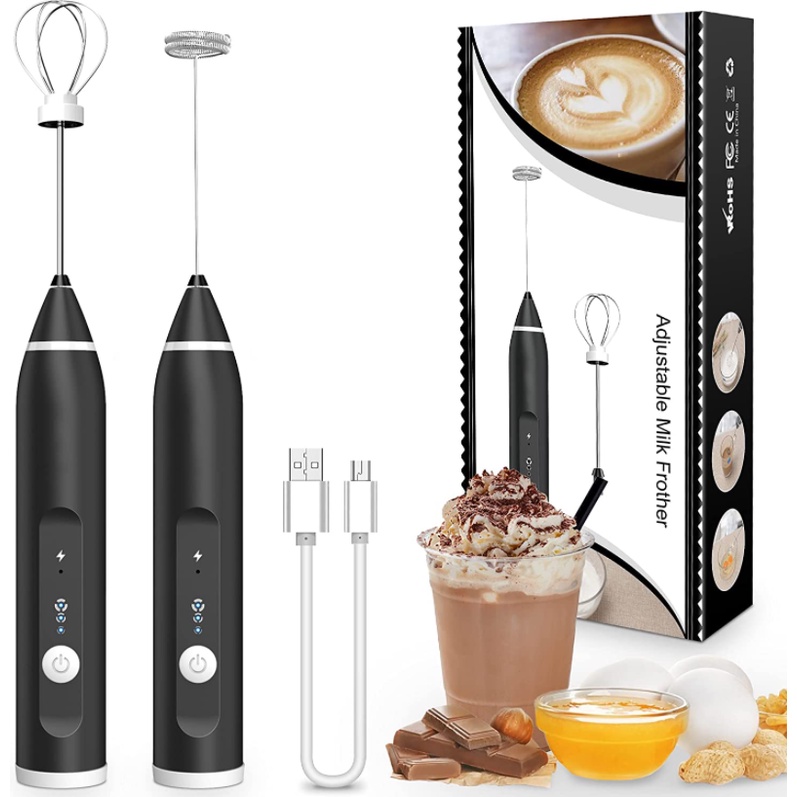 MESOCO Milk Frother Handheld Foam Maker USB Rechargeable Coffee Frother with 2 Stainless whisks,3-Speed Adjustable Mini Blender for Cap