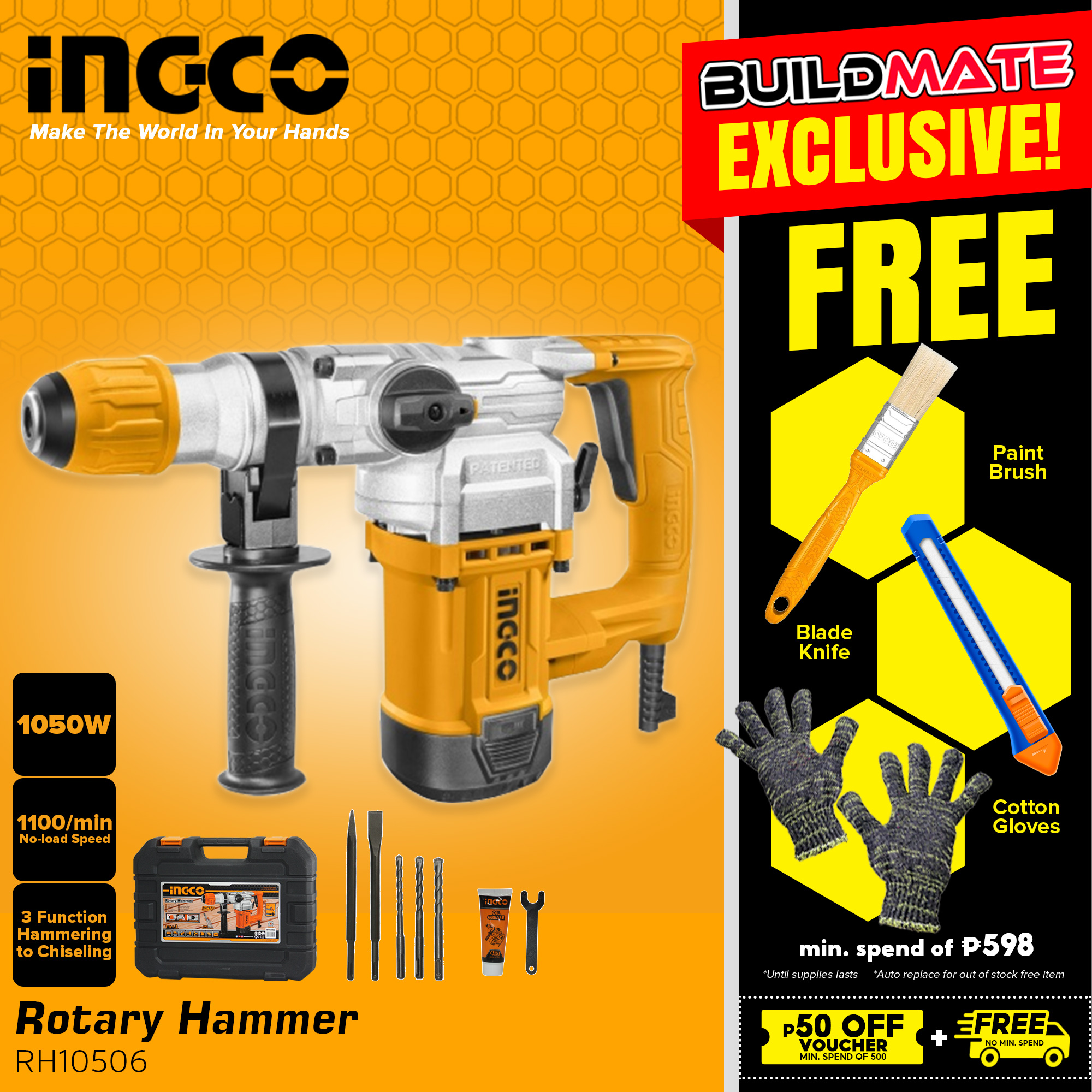 INGCO Rotary Hammer Drill 1050W RH10506 BUILDMATE IPT Lazada PH