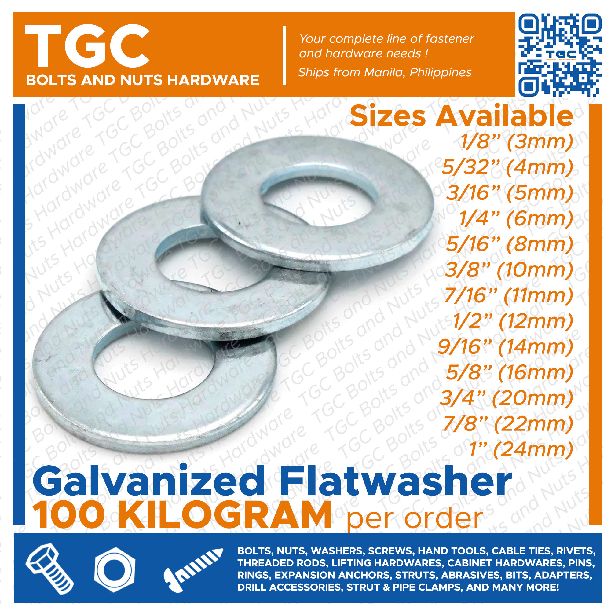 TGC 1KILO Flat Washer GI 3mm to 24mm ( 1/8 1 inches ) Flatwasher