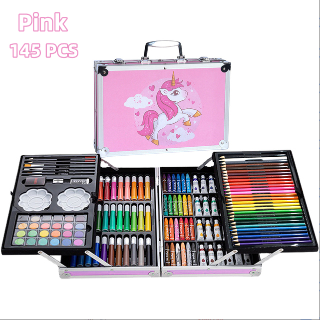 CHILDREN'S ART SET OF 145 PIECES In a pink case with a unicorn