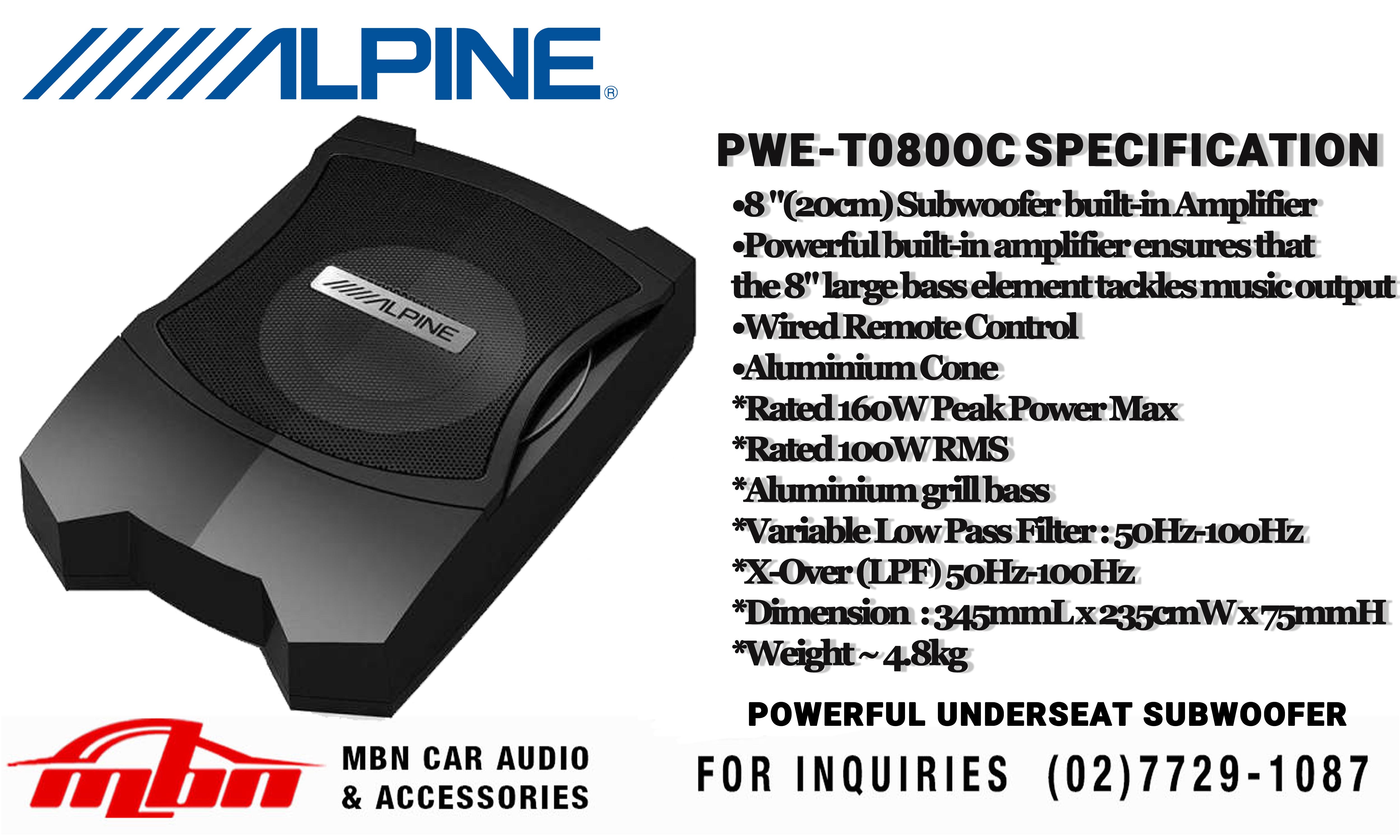 ALPINE PWET080OC 8” Powered UnderSeat Subwoofer 160w Peak Power