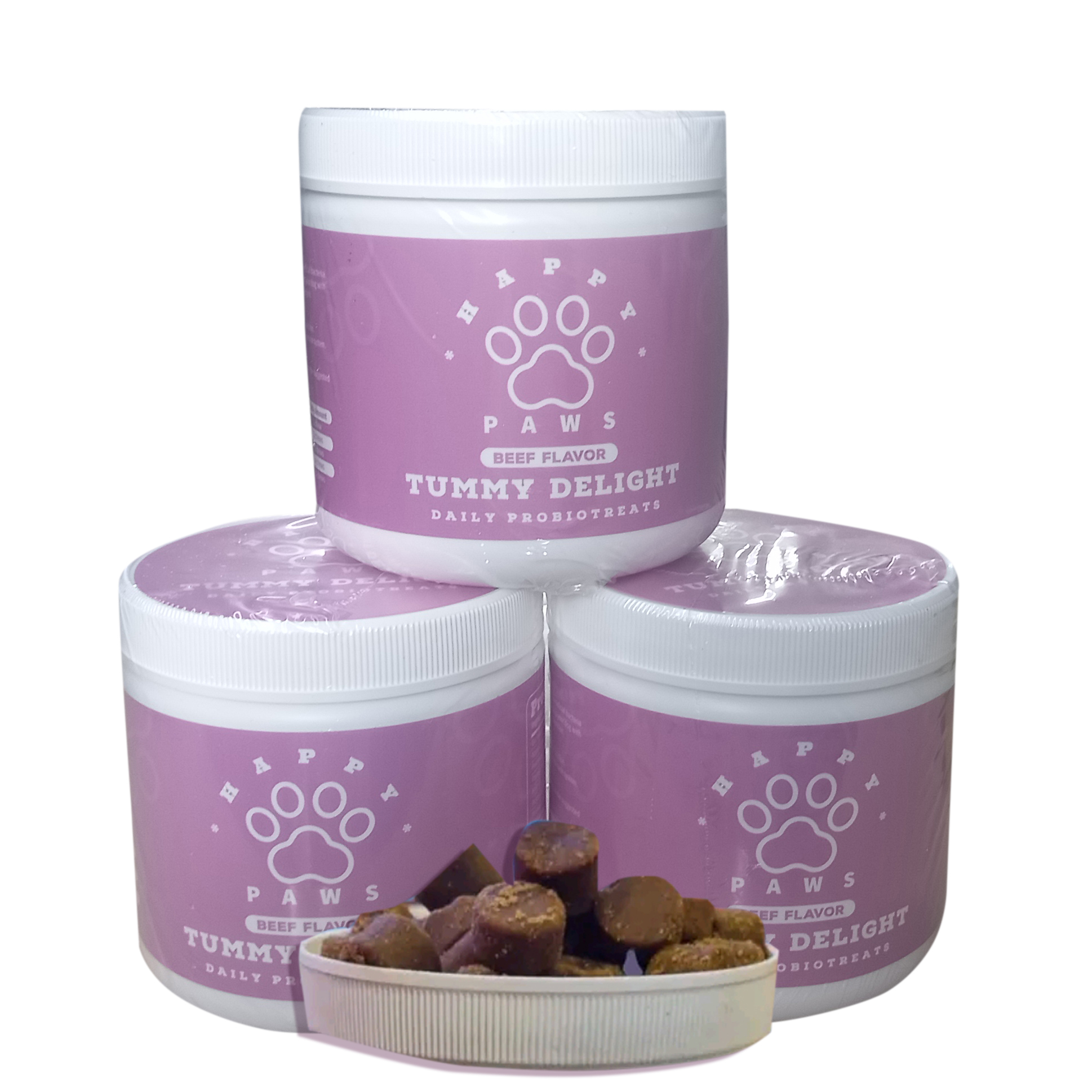 Happy Paws Tummy Delight Probiotic treats for Dogs BEEF Flavor Triple TUB Bundle (90 chewable