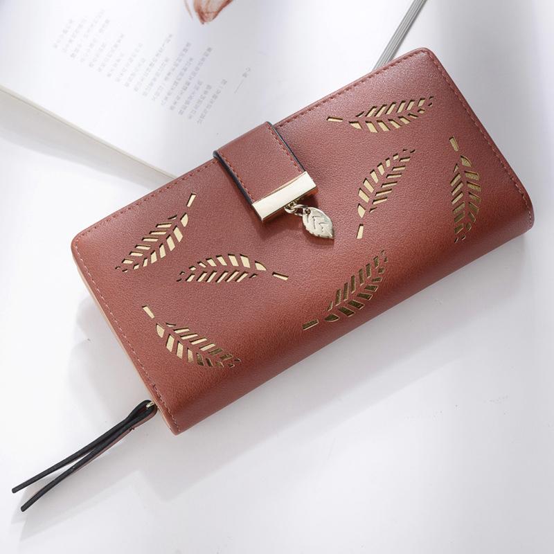 AMOG Korean Lady Long Wallet Hollow Out Leaf Leather Clutch Card Holder Purse Lady Long Handbag	