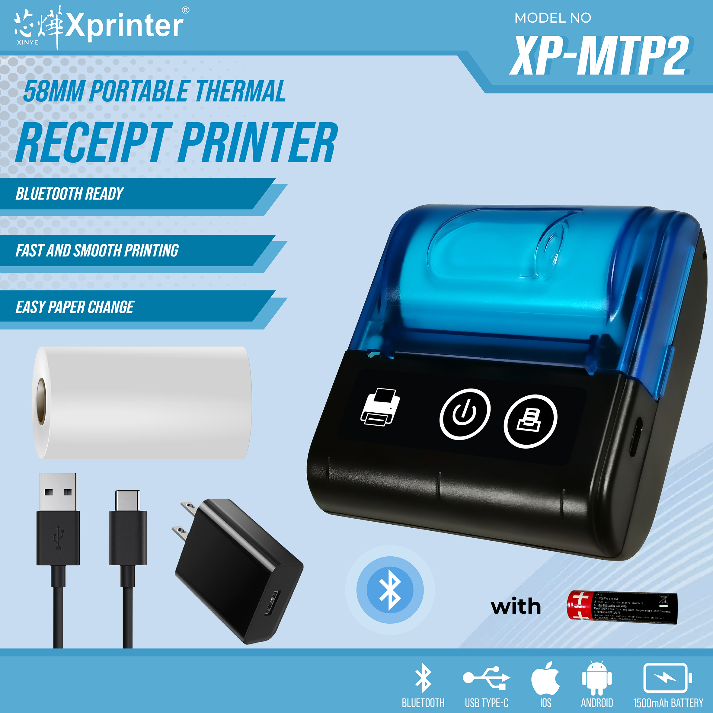 Xprinter Xp Mtp2 Portable Bluetooth Usb Thermal Printer Handheld 58mm Receipt Printer With 2056