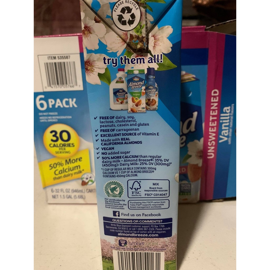 Almond Breeze Blue Fiamond Dairy Free Almond Milk Keto Unsweetened