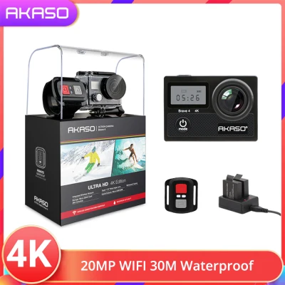 【Old version & Upgraded version-Can Use External Microphone】AKASO Brave 4 4K 20MP WiFi Action Camera Ultra HD with EIS 30m Underwater Waterproof Camera Remote Control 5X Zoom Underwater Camcorder with 2 Batteries and Helmet Accessories Kit