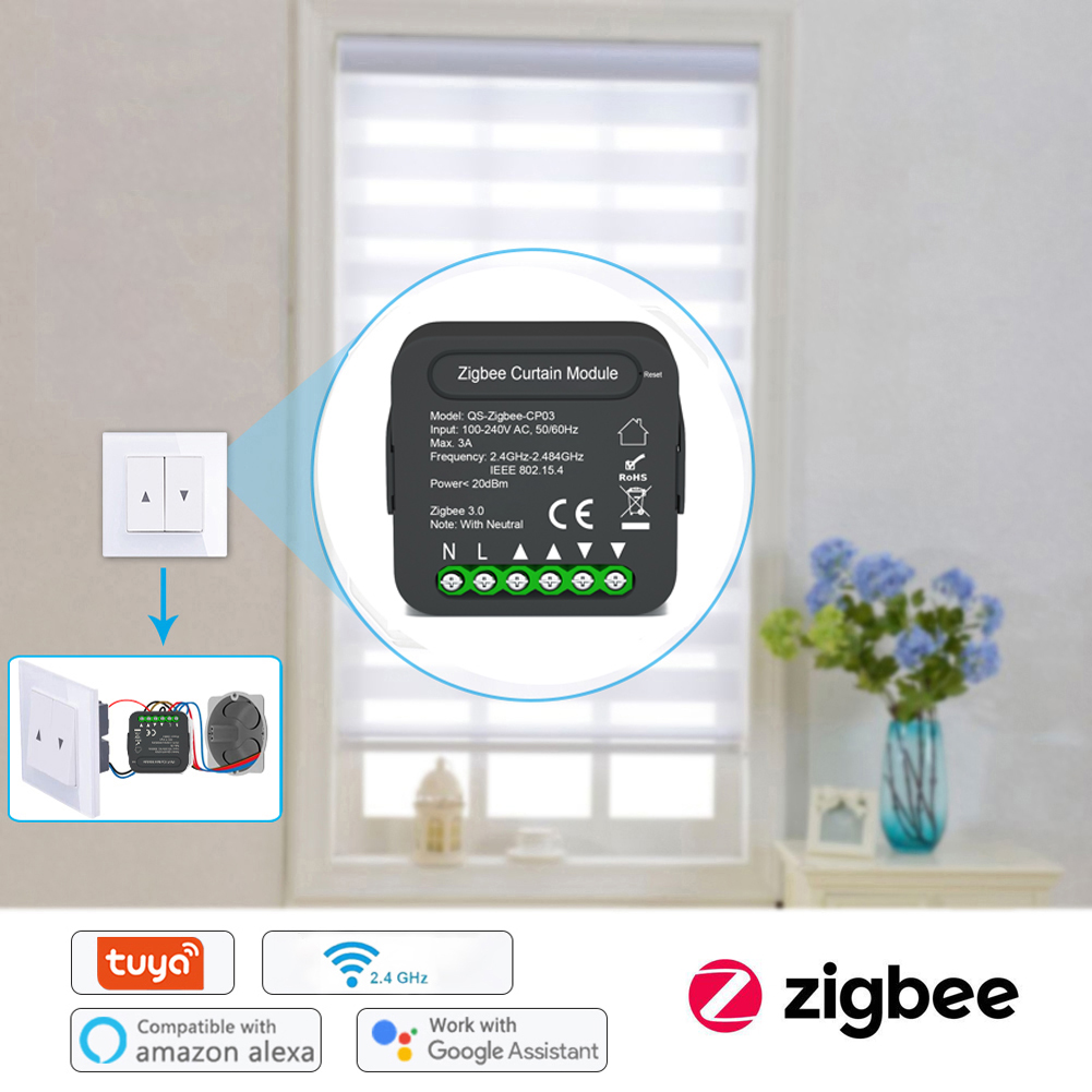 QS-Zigbee-CP03 Tuya ZigBee Intelligent Curtain Swtich Module Home Curtain Modification Module Mobilephone Device Sharing Timing Function APP Remotes Control Compatible with Alexa Google Home Voice Control Need to be Used with Gate-way