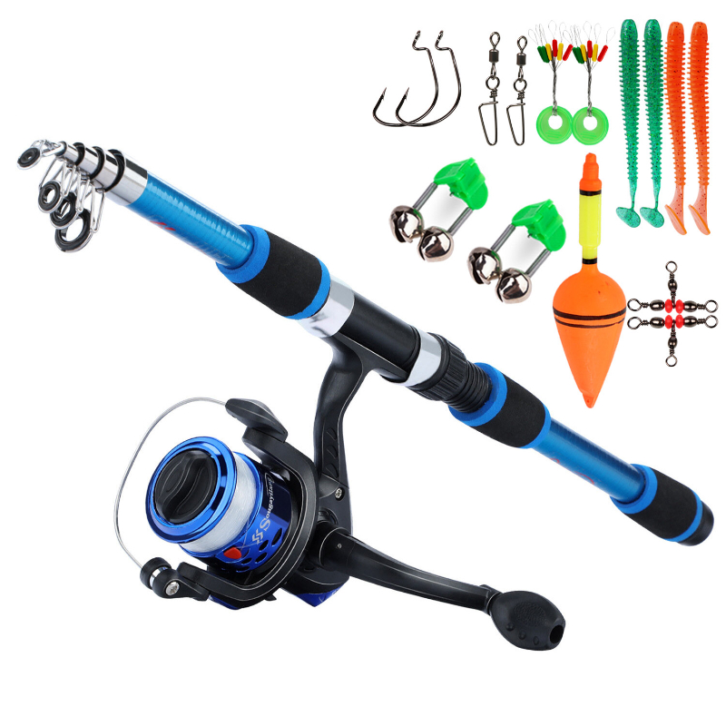 1.8M Fishing Rod & Reel Sets EVA Handle Glass Fiber Telescopic 6 Sections Fishing  Rod 5.2:1 Gear Ratio Spinning Reel Line Lure Combo Full Kit for Kids Fishing