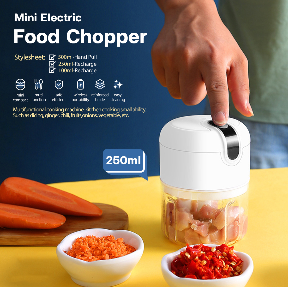 Electric Mini Garlic Chopper,Portable Mini Mincer Electric Food Processor,  250ml Mini Baby Food Maker Presses for Chili Onion Meat Spices Chopper