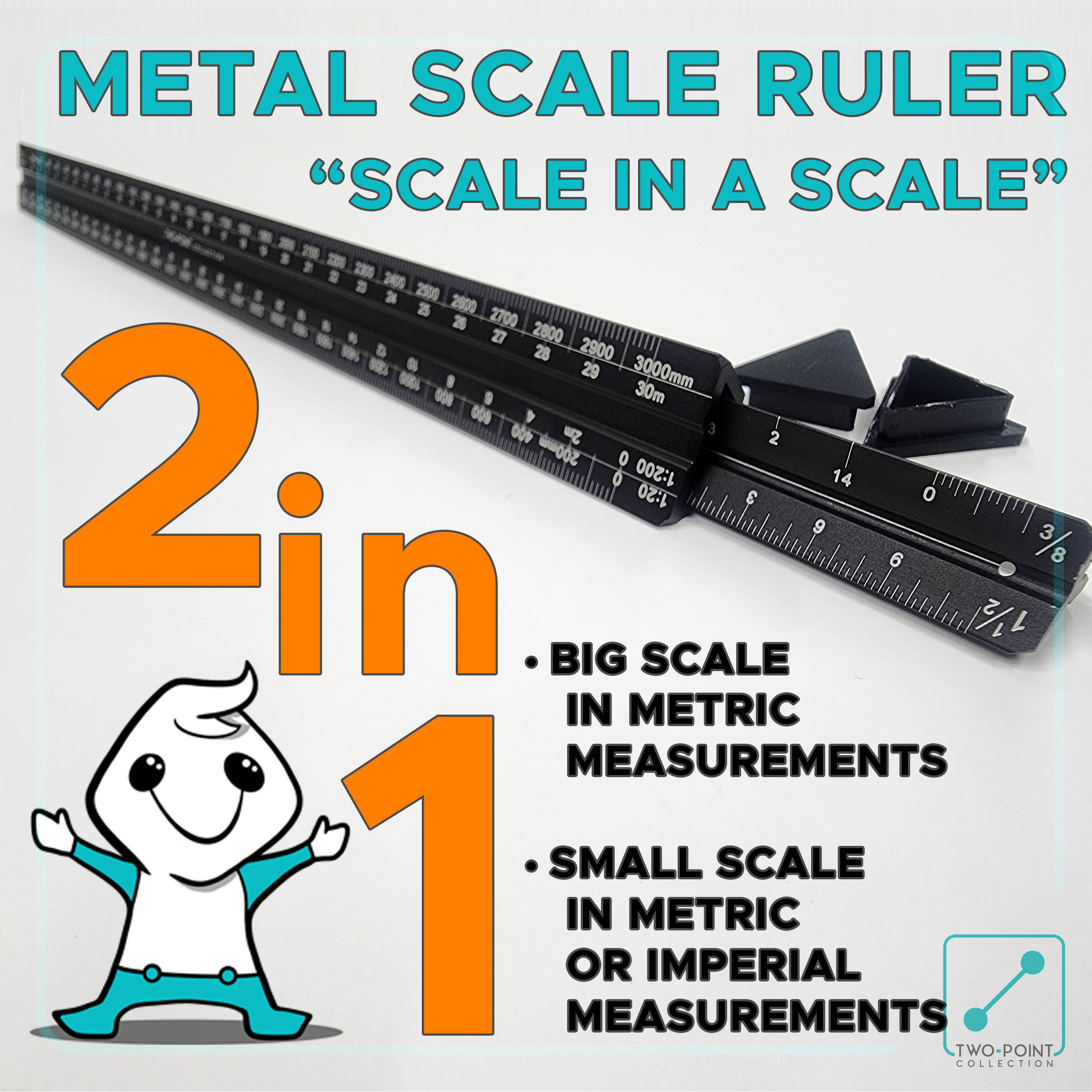 12"/ 32cm Length Triangular Metal / Aluminum Scale Ruler Set 2 in 1