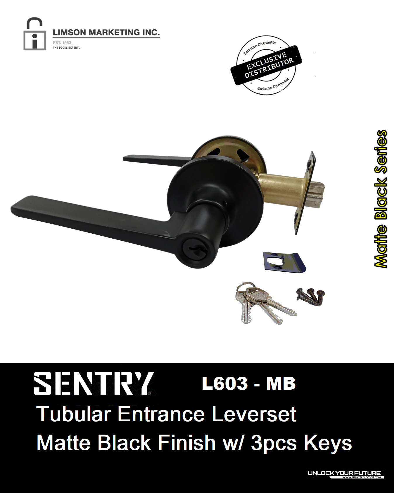 SENTRY TUBULAR ENTRANCE LEVERSET MATTE BLACK FINISH w/ 3pcs KEYS