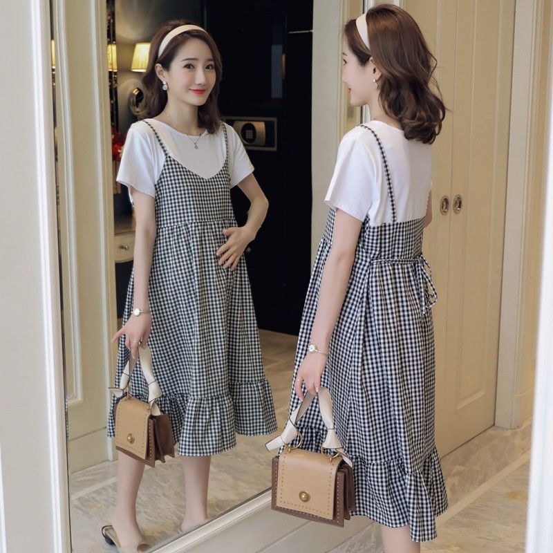 Maternity Dress Korean Fashion Plaid 
