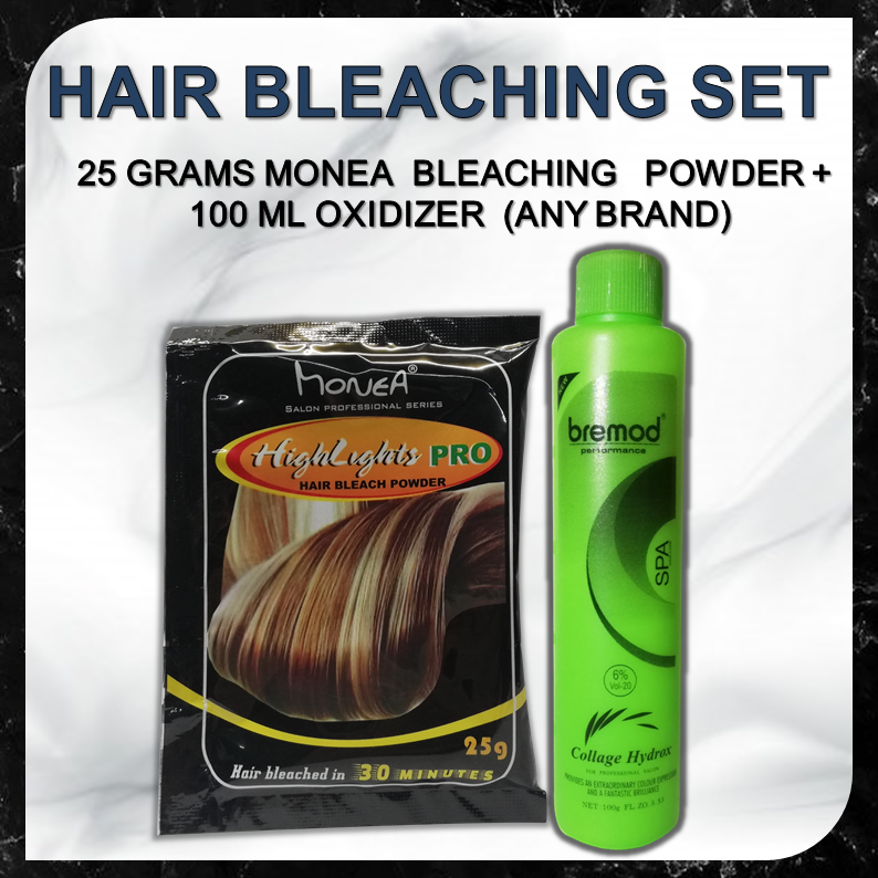 Hair Bleaching Set (MONEA HIGHLIGHTS PRO BLEACH POWDER 25G and 100 mL ANY  BRAND Oxidizer 6%/ 9% /12%) | Lazada PH