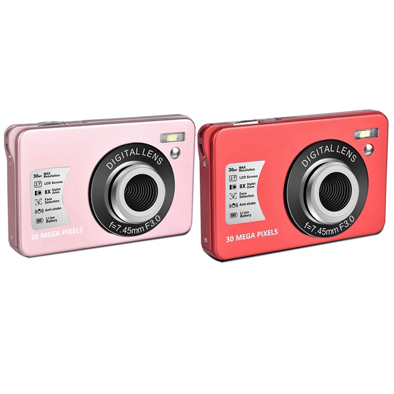 2Set HD 1080P Digital Camera 30 MP Mini 2.7 Inch LCD Screen Camera,Compact Cameras for Adult, Red & Pink