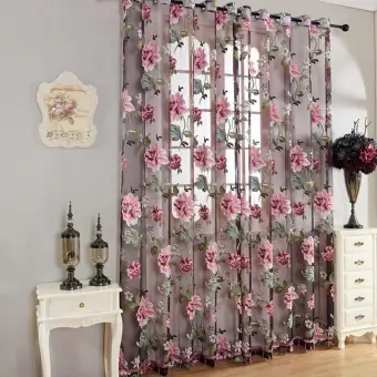 2 Pcs Curtain Peony Flower Windows Panel Living Room Bedroom Curtains Color Beige Size 3 Intl