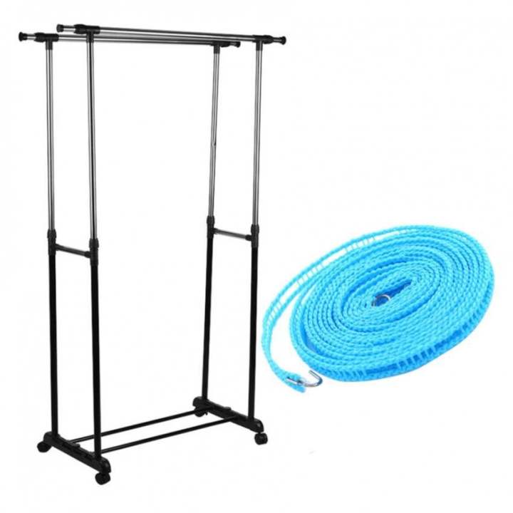 double pole clothes rack with 5m nylon clothesline (blue)