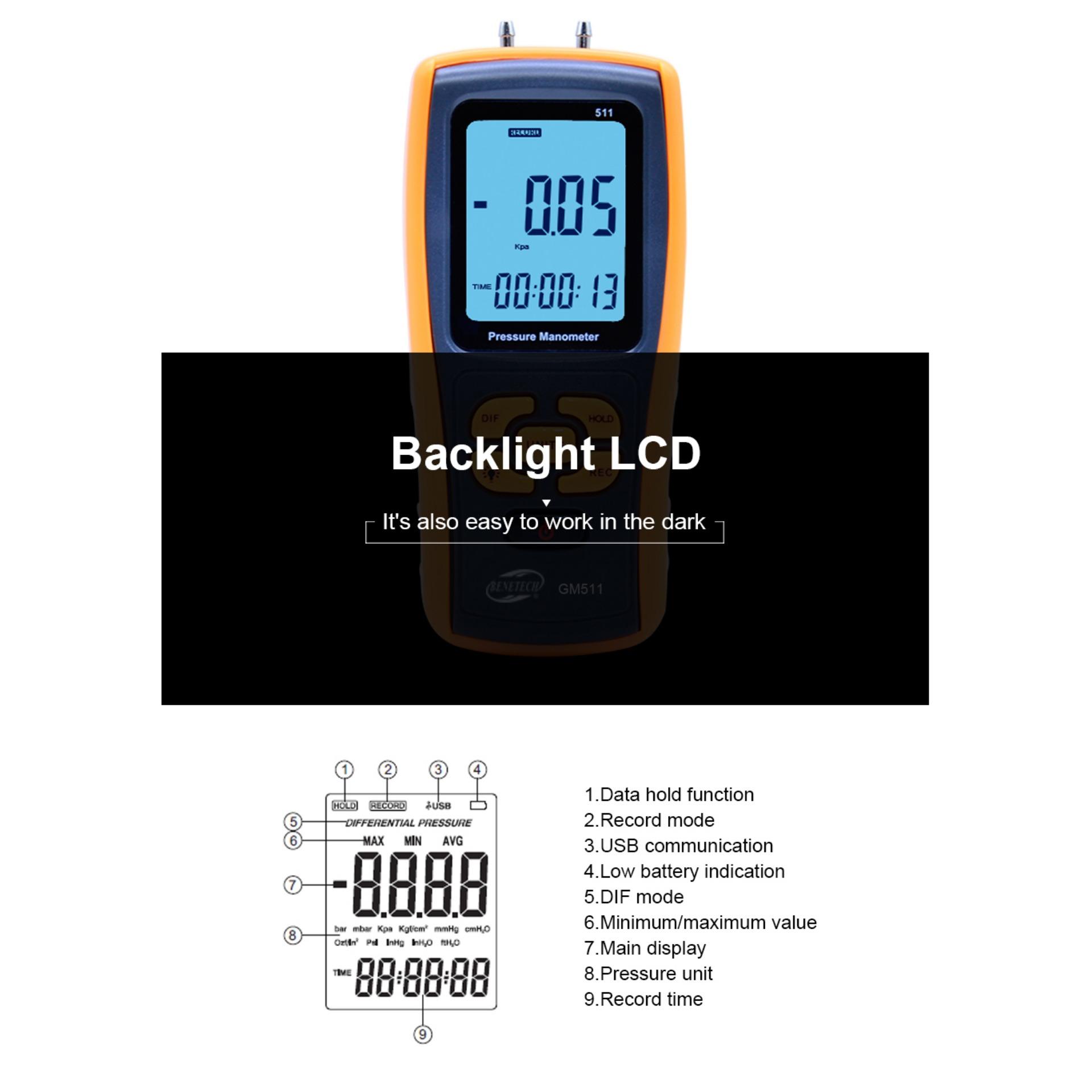 5PCS BENETECH ±35kPa Pressure Gauge Manometer GM520 LED Digital