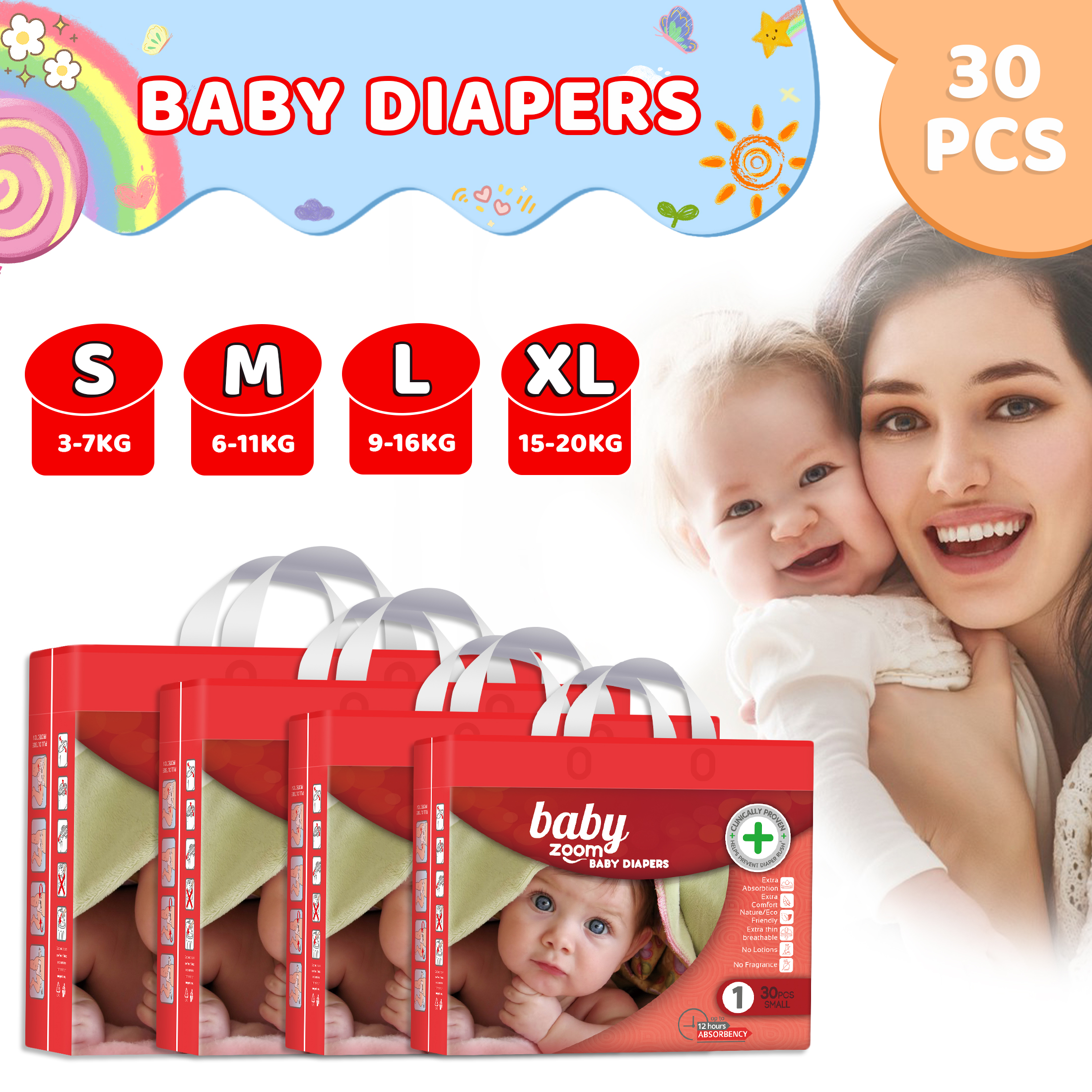 BabyZoom Diaper for Baby Pull Up Pants Taped Diaper S M L XL XXL Size