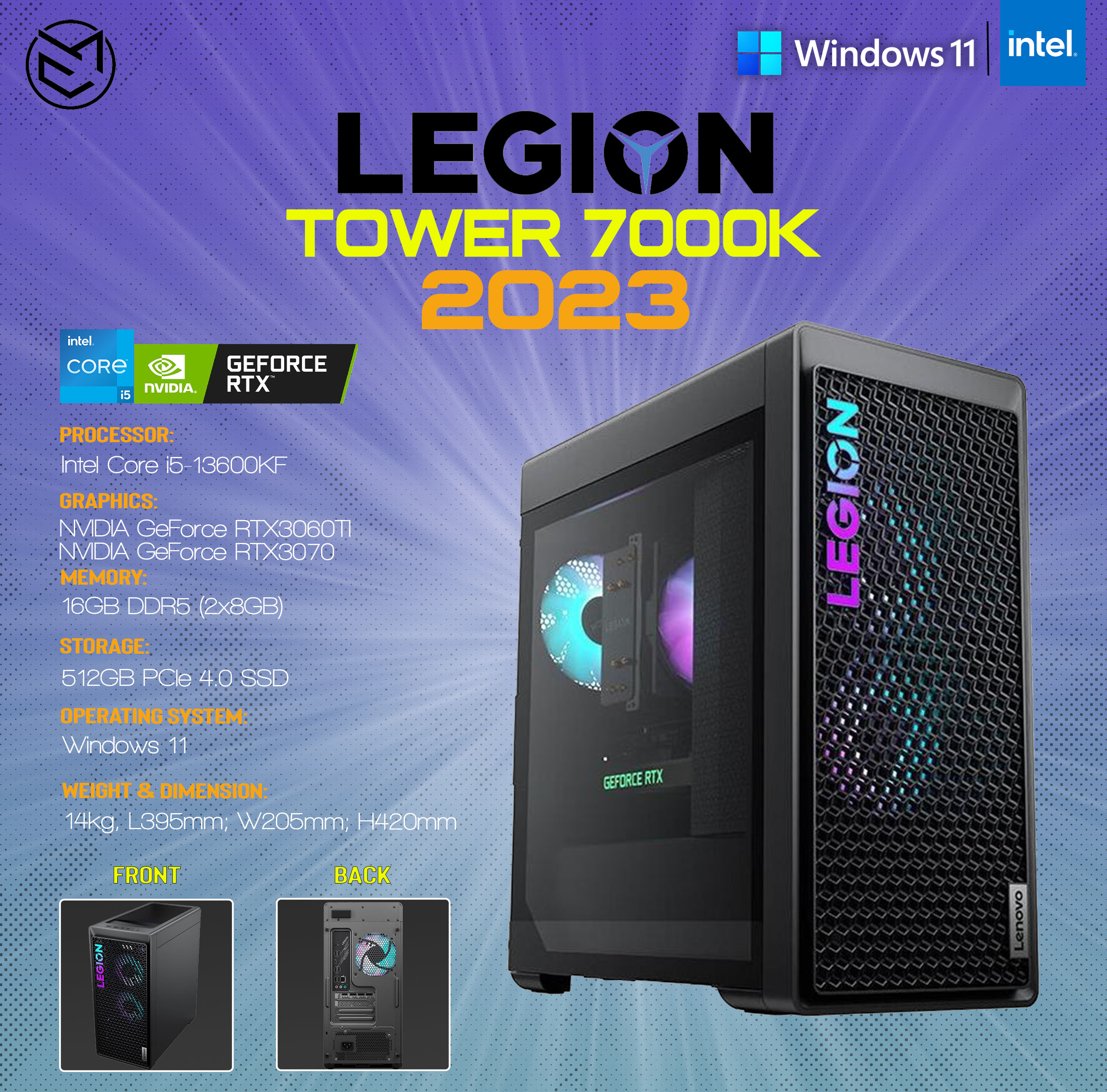 Lenovo Legion Tower 7000k 2023 Cpu I5 13600kf Rtx3070rtx3060ti 16gb Ddr5 512gb Ssd Wifi 6 9329