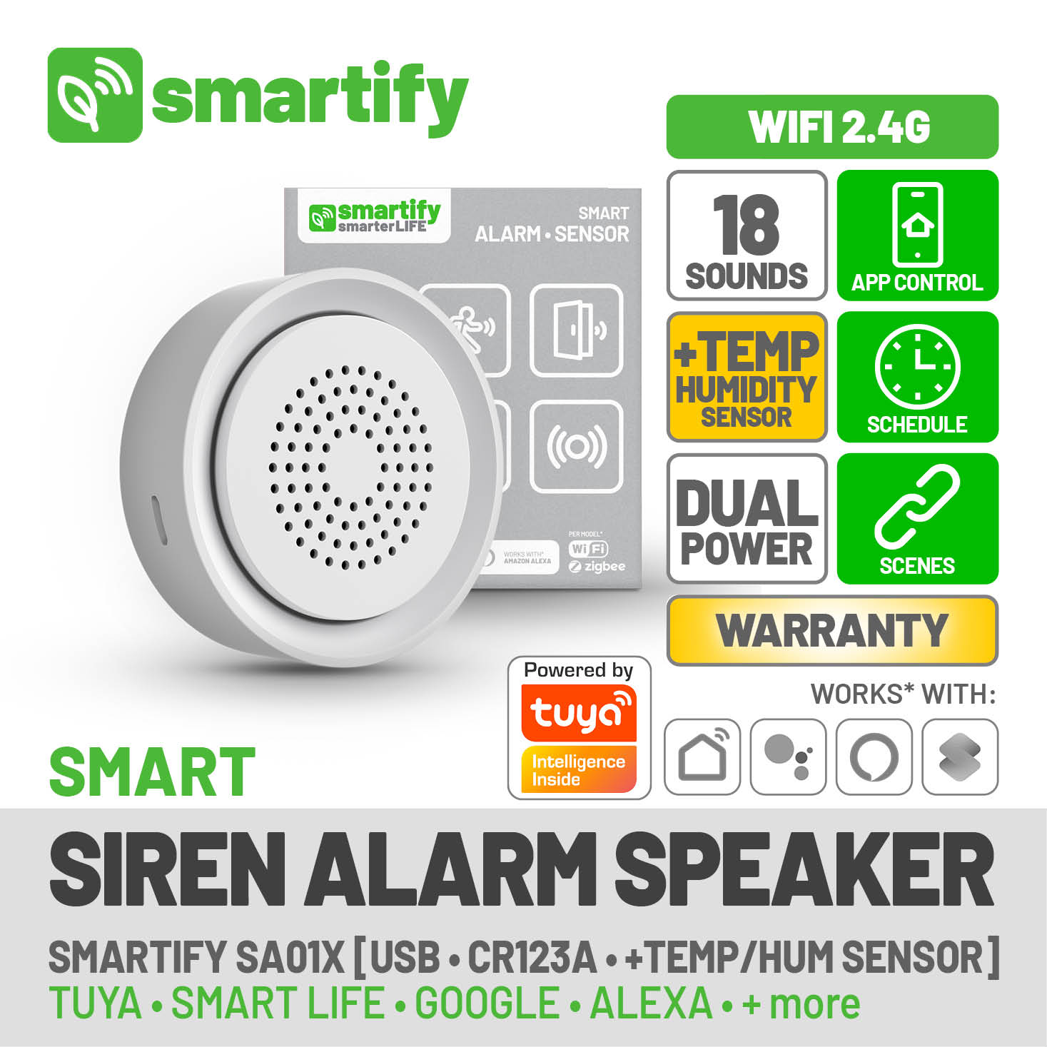 SMARTIFY WIFI Siren Alarm Speaker +Temperature +Humidity (SA01X USB 5V1A CR123A NO HUB APP