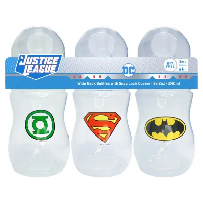 Justice League 8oz Wide Neck Feeding Bottle Set of 3