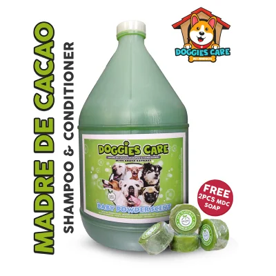 Madre de Cacao Shampoo & Conditioner with Guava Extract - Baby Powder Scent 1 Gallon Green FREE MDC SOAP 2pcs Anti Mange, Anti Tick and Flea, Anti Fungal