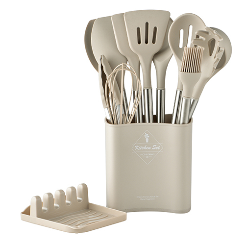 Silicone Utensil Cooking Set Premium Quality Hot and Cold Temperature  Resistance (13 pieces light khaki color)