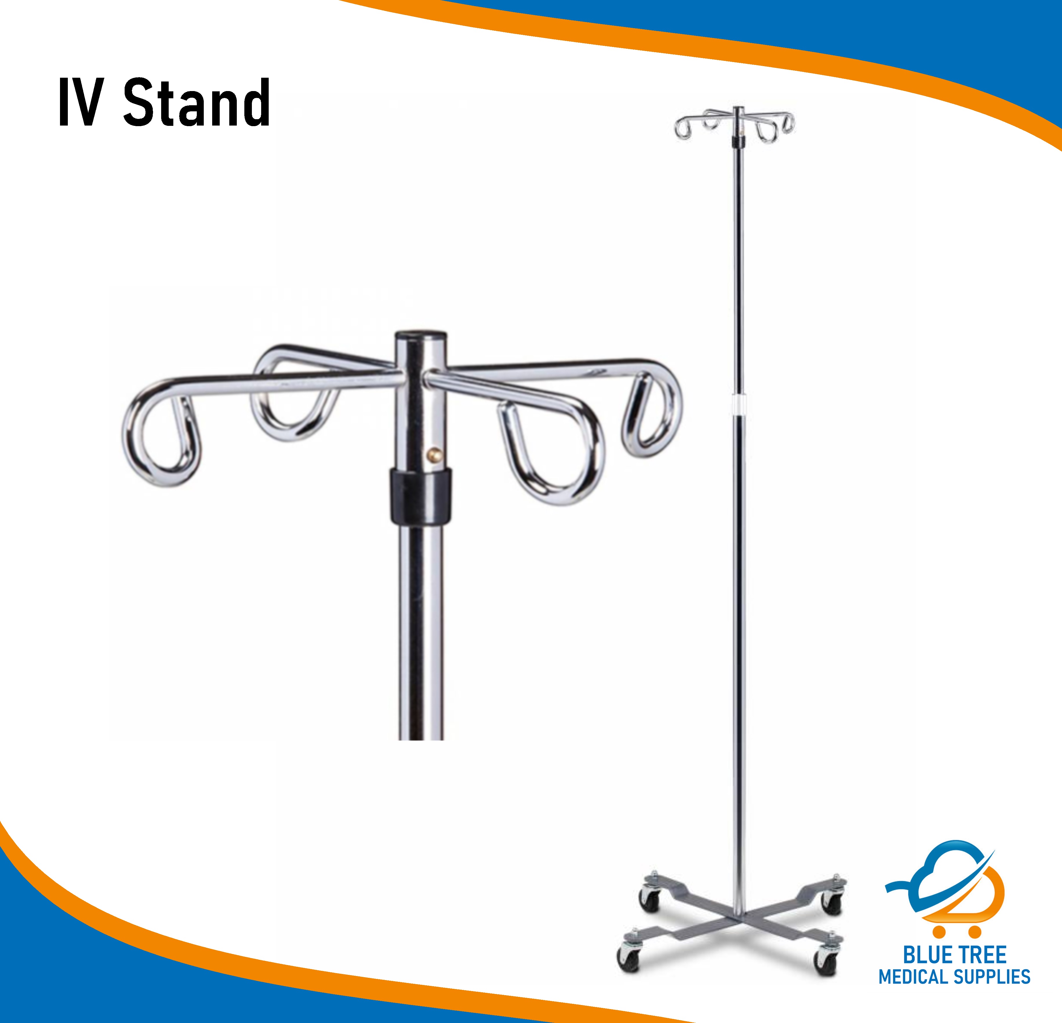 IV Stand 4 Hooks Adjustable Stainless Steel Hospital IV Stand for