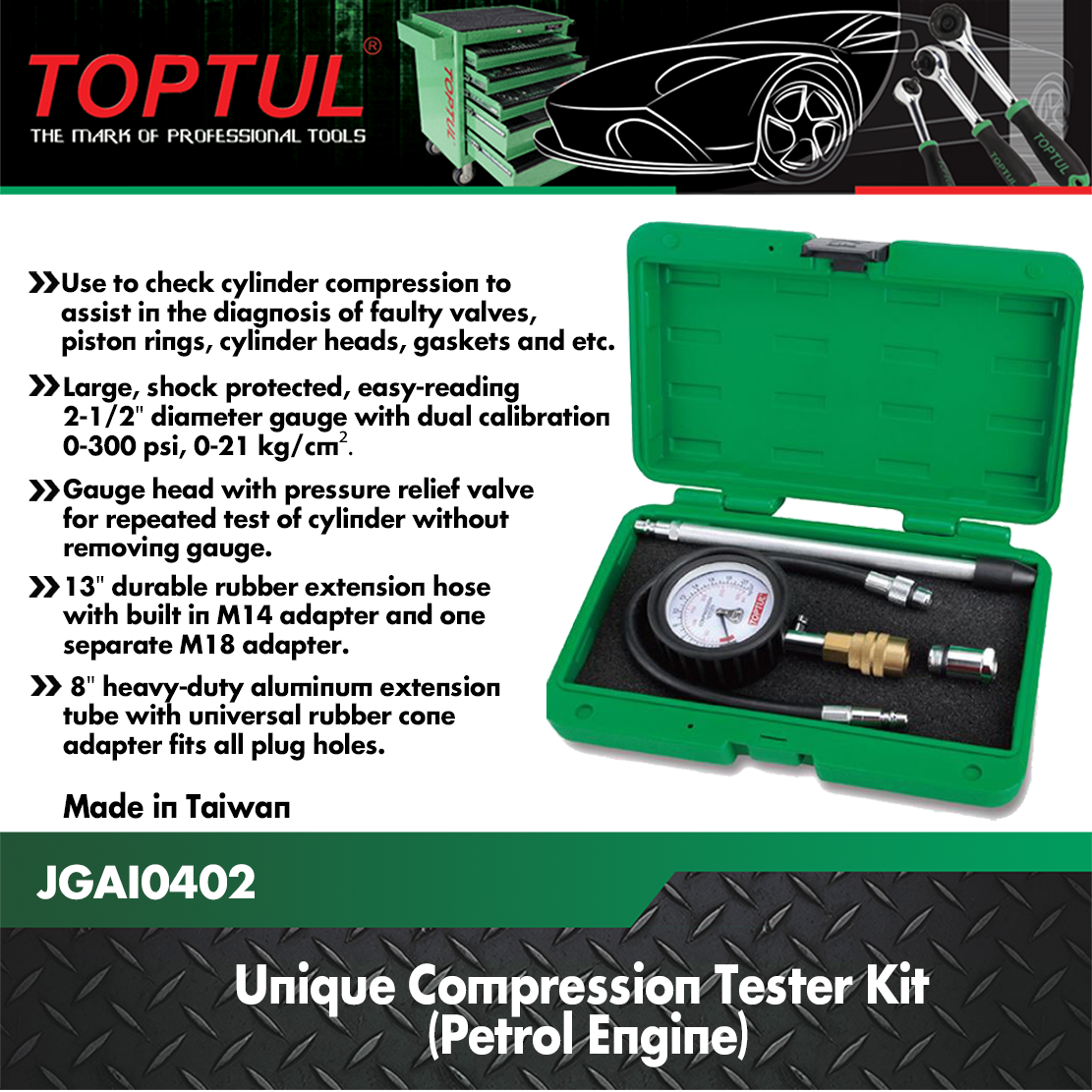 Kit de testeur de compression unique 4PCS (moteur à essence) TOPTUL