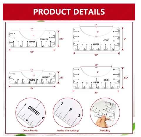 Printleaf - 4in1 T-shirt Ruler Guide Centering Design Placement Tool for  Infant, Toddler, Youth and Adult