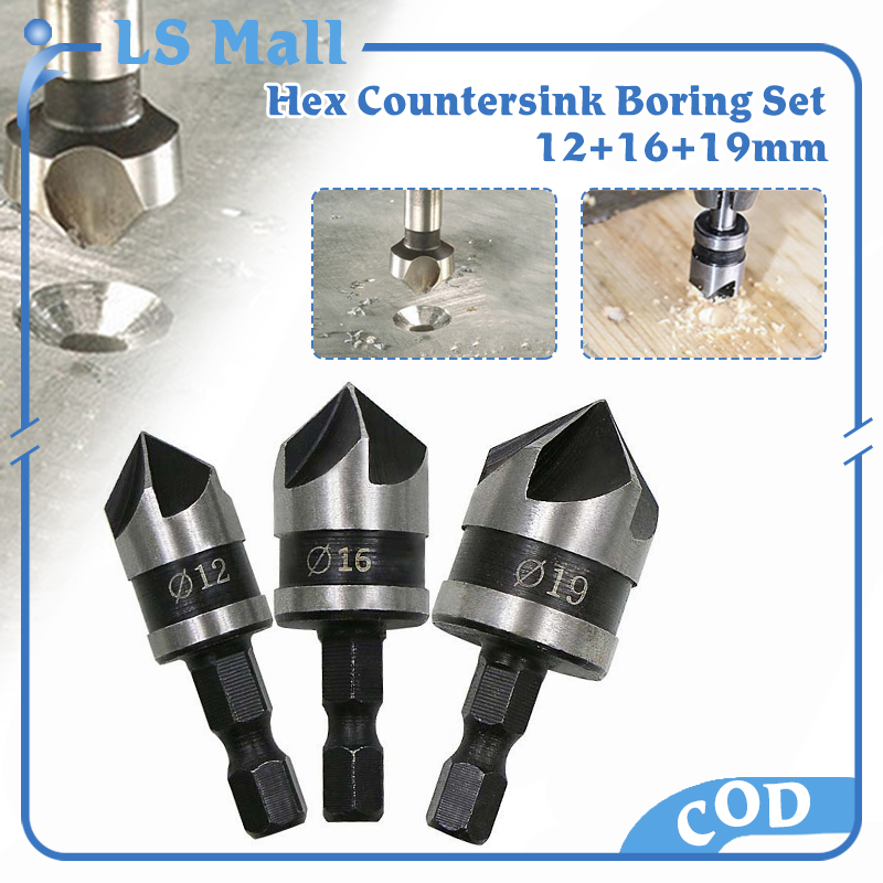 3PCS Countersink Drill Bit Set 12/16/19mm Hex Shank 5 Flute Countersink ...