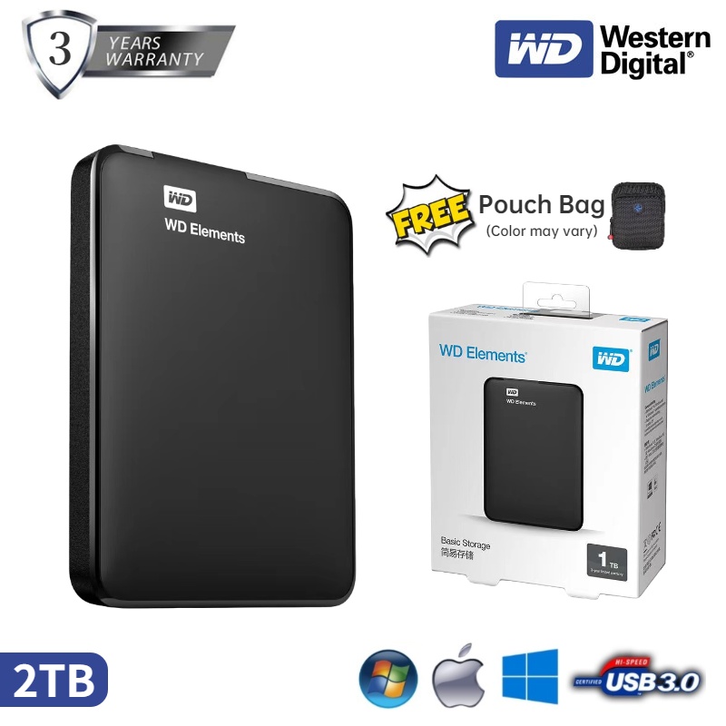 WD Elements Western Digital 1TB 2TB External Hard Disk WDBUZG0010BBK